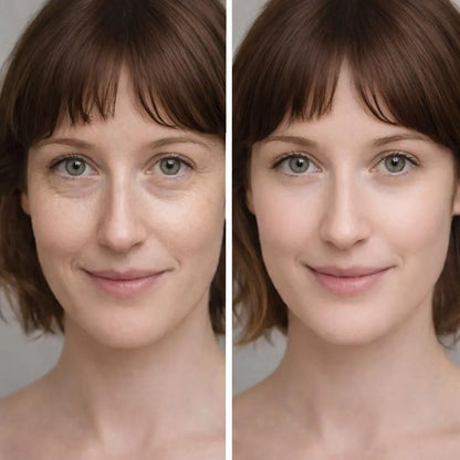 Before and after close-up showing smoother-looking skin after using LumiLux anti-aging balm stick