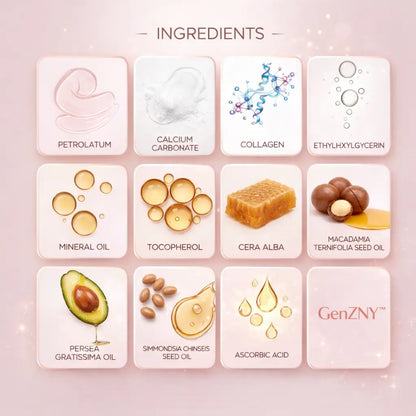 Ingredients infographic showing key components of LumiLux balm stick including oils, collagen, and antioxidants